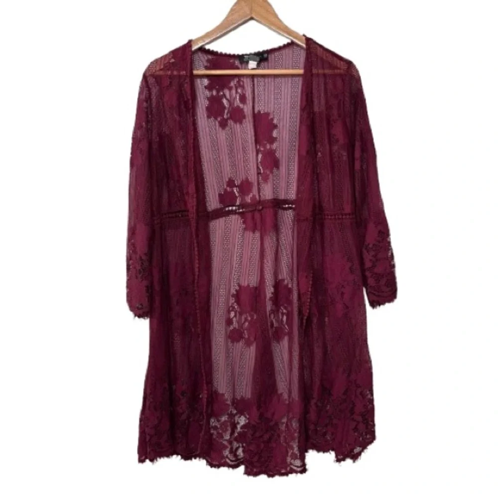 Miss Cheivous Maroon Full Lace Open Front Cardigan Size M